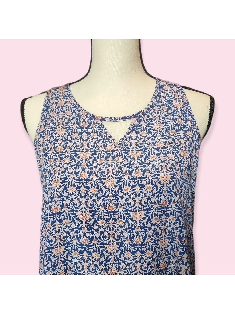 Lush Sleeveless Boho Blouse - Peekaboo Back Blue Orange Hi Lo Hem S
